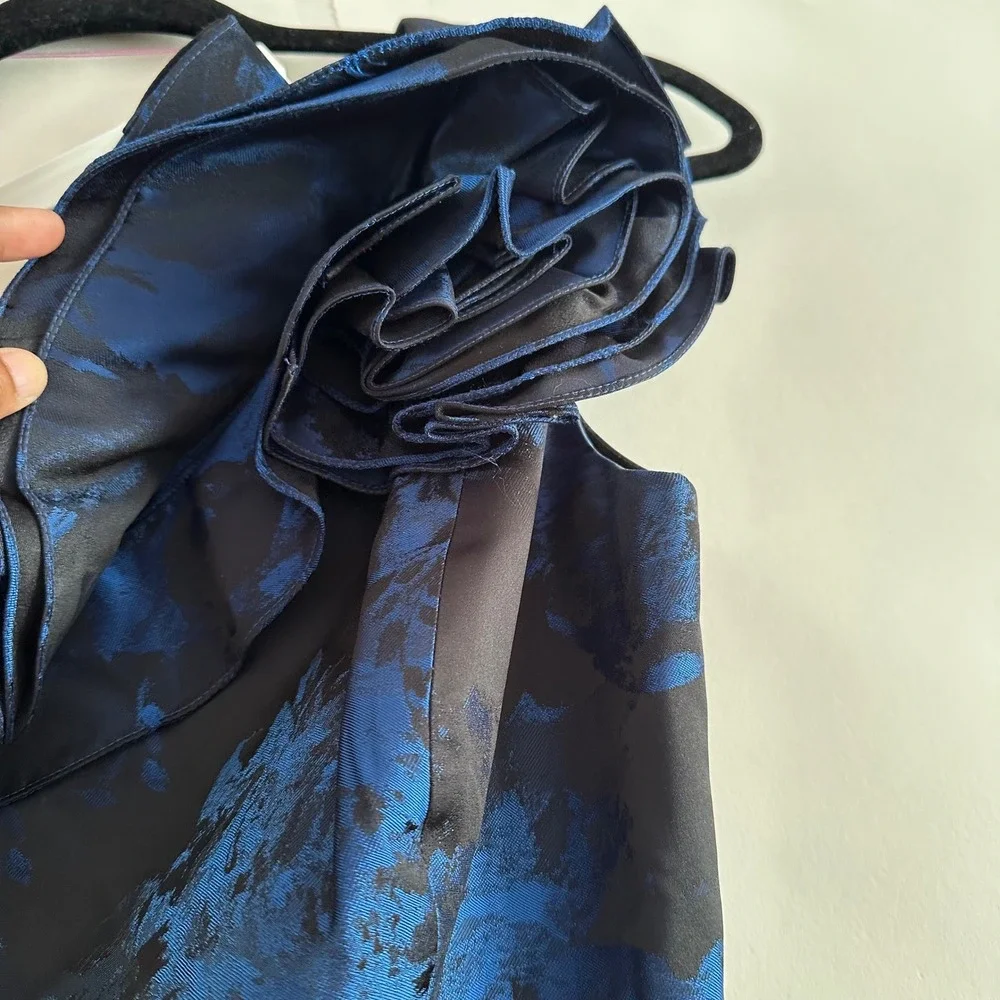 Teri Jon Rickie Freeman One Shoulder Blue Floral Jacquard Gown Dress Black 4